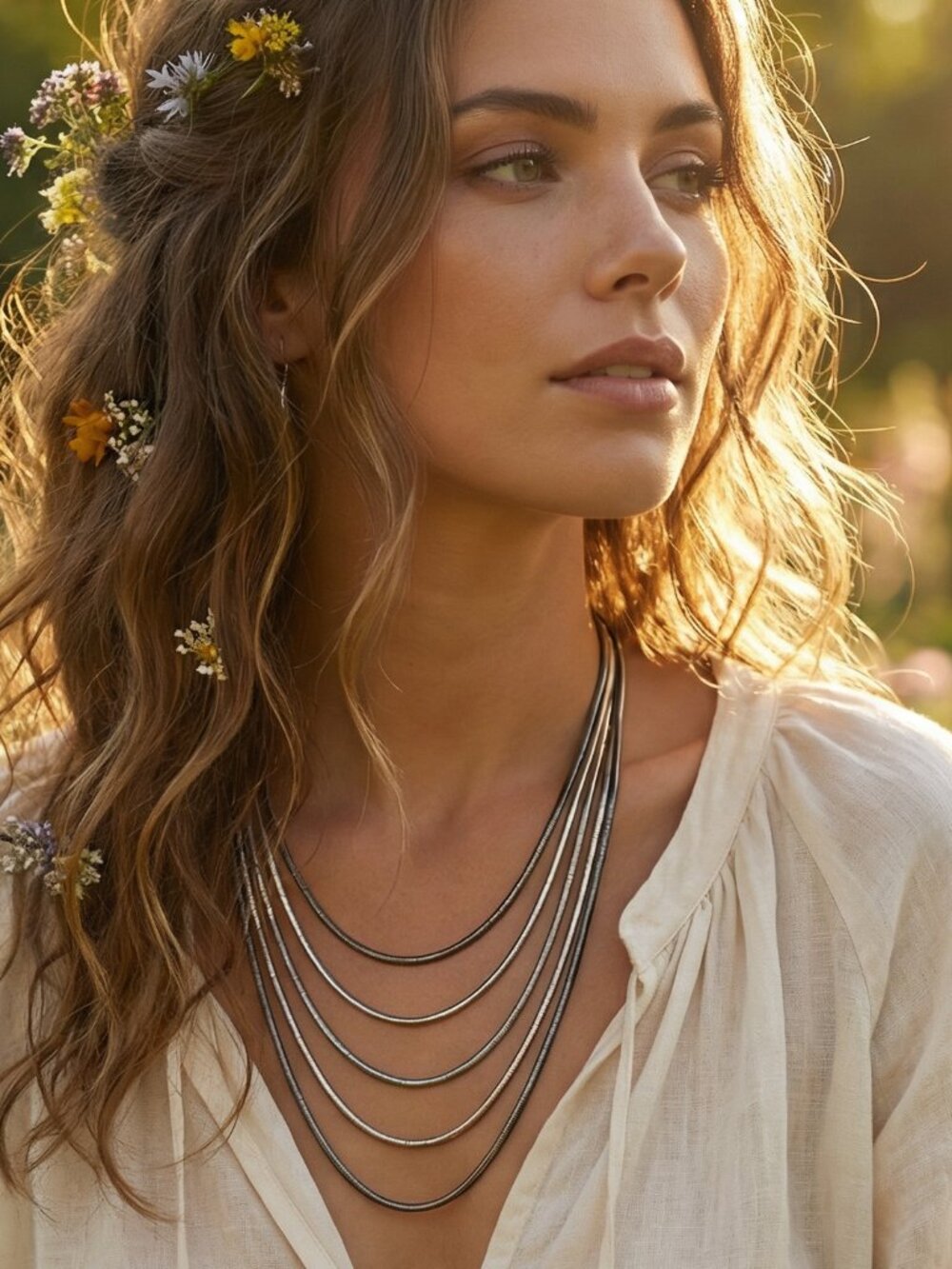 Gunmetal‎ Silver Snake Bib Layered Necklace Multi Strand Office Edgy Minimalist